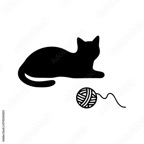 A silhouette of a cat is lying down next to a ball of yarn with a long string, suggesting a simple, playful scene.