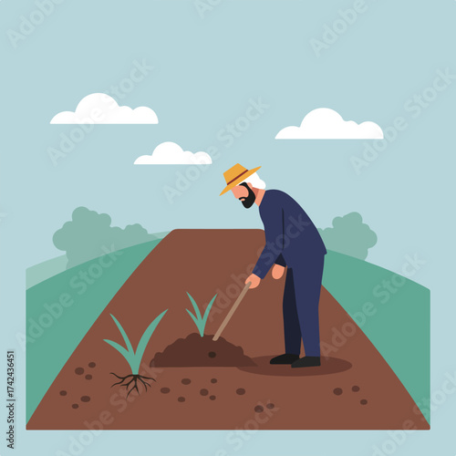 A farmer with a hat, using a tool to work the soil in a field, with plants