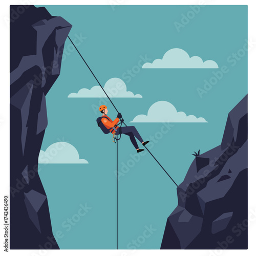 Person rappels down a rocky cliff face against a backdrop of a blue sky with clouds