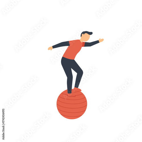 A flat illustration of a person balancing on a large inflatable ball with outstretched arms