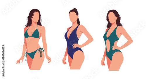 Faceless female trio showcasing summer swimwear fashion and stylish beachwear collection