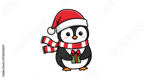 Festive penguin adorned with christmas attire holding a present graphic illustration