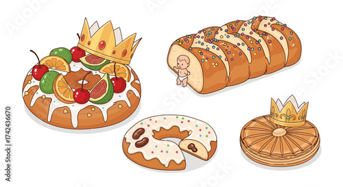 Festive King Cakes and Rosca de Reyes Variations for Holiday Celebration concept