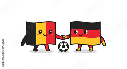 Friendly football match between Germany and Belgium with cute national flag characters
