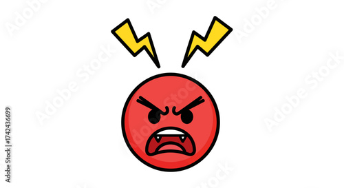 Furious red emoticon radiating with intense anger visualized with lightning bolts illustration