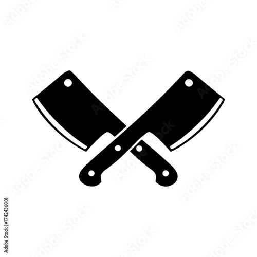 This logo design features crossed meat cleavers, which represents butchery, meat processing, and culinary professions in a minimalist style.