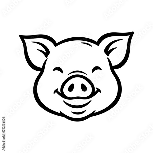 The illustrated pig face has a smiling mouth and the outline is done in a simple black stroke, placed on a white background.