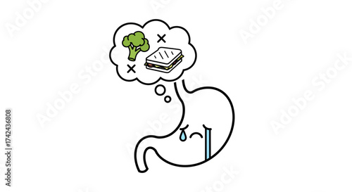 Sad stomach cartoon desires healthy food, dreams of broccoli and simple sandwich