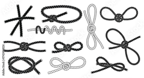 Rope knots and bends showcase graphic representation for nautical and decorative applications