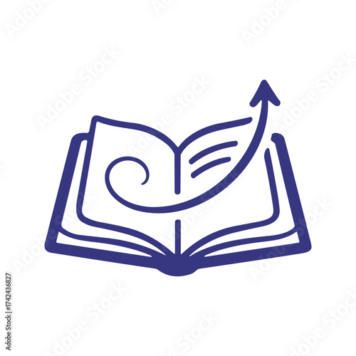 A book with an arrow coming out of it represents growth and development in a simple, indigo outline vector illustration on a white background.