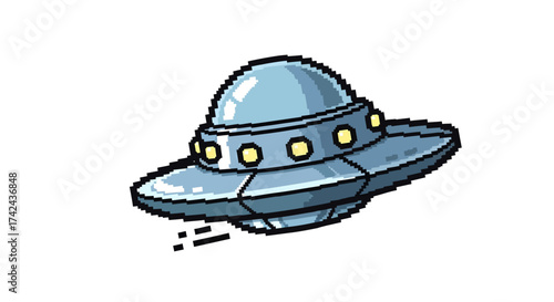 Retro pixel art depiction of a flying saucer soaring through the vast expanse of space