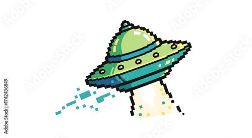 Retro pixel art depiction of a flying saucer with a light beam effect on a white background