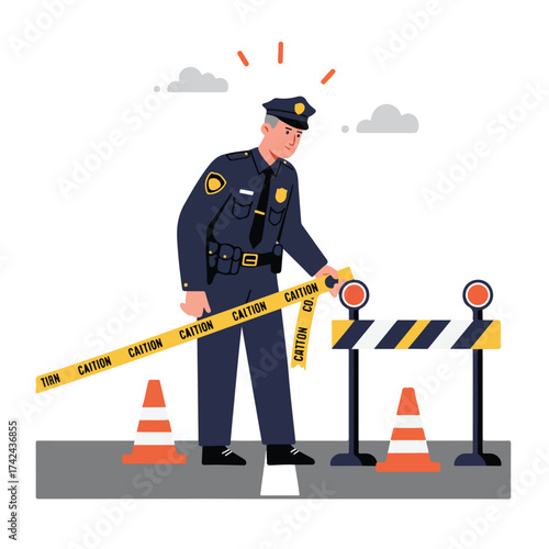 A police officer sets up caution tape and barriers