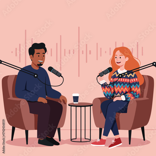 Two people with microphones in a studio, recording a podcast