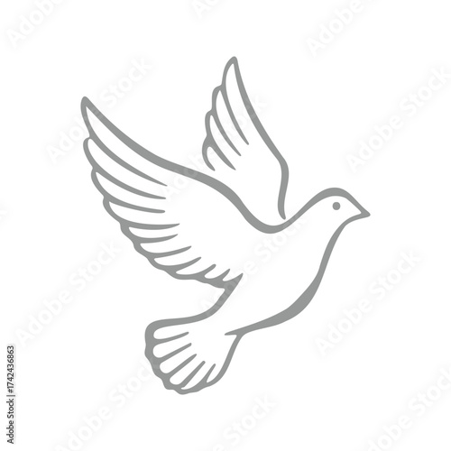 A gray dove with open wings is depicted in a simple outline style, symbolizing peace and hope on a white background.