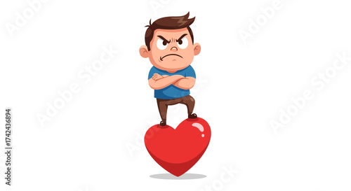Grumpy cartoon character crushing red heart with animosity and anger expressing emotion conveying