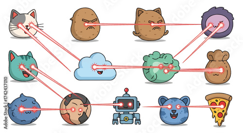 Humorous interconnected network illustration with laser-eyed creatures and objects firing beams