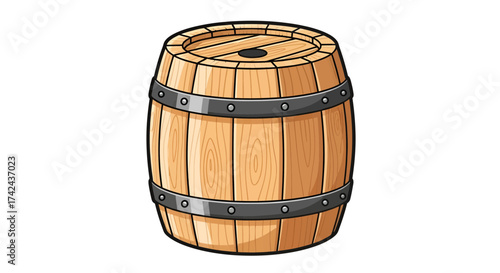 Illustrated wooden barrel with metallic bands symbolizing old-fashioned storage vessel