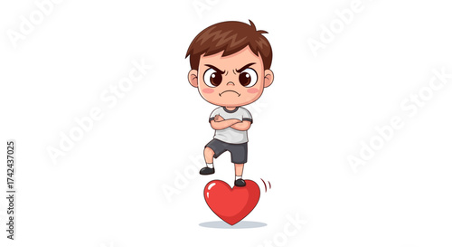 Illustration of a disgruntled young boy stomping with furious feelings on a red heart shape