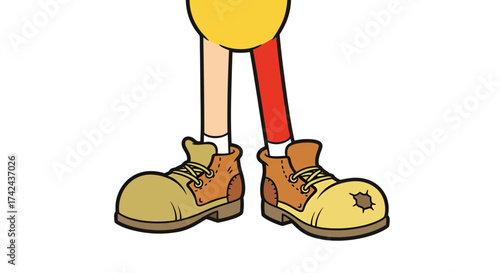 Illustration featuring cartoon legs with different colored tights and large sturdy boots