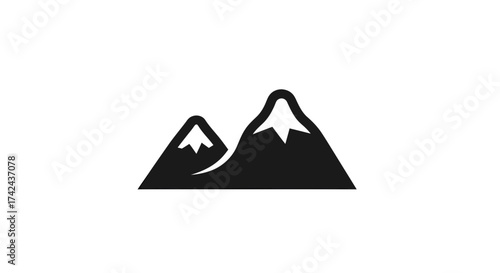 Simple monochrome icon representing two majestic mountain peaks against white backdrop