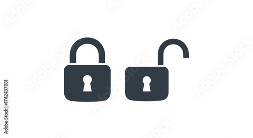 Simple vector illustration depicting a locked and an unlocked padlock state of security and privacy