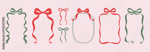 Christmas artistic frames with bow and ribbon in trendy retro hand drawn doodle style for design and decoration of card, poster, banner and invitation. New Year holiday frame design vector collection.