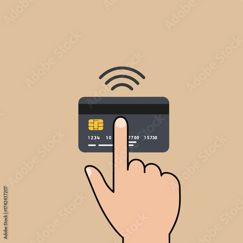 Finger touching contactless payment chip on card, with waves indicating connection
