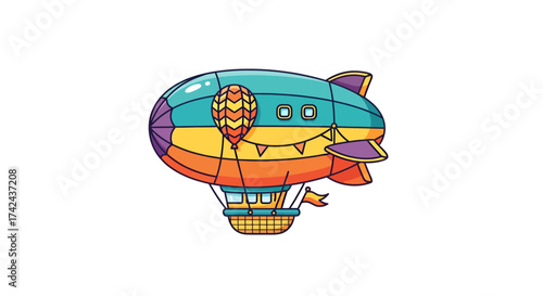 Stylized colorful airship cartoon illustration against a white background