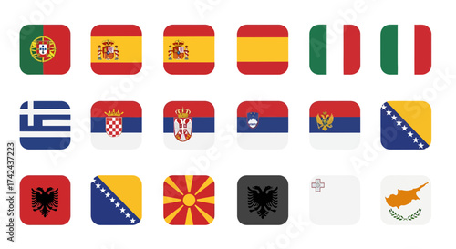 Stylized depictions of various european national flags with rounded corners and square designs