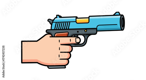 Stylized hand holding a blue pistol with black outline against white backdrop design