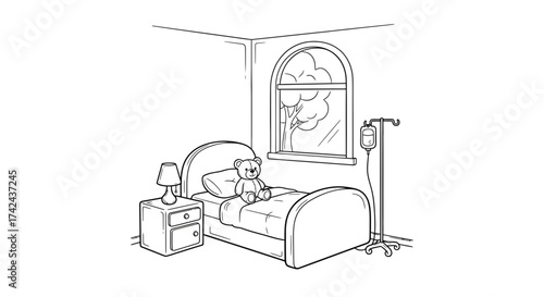 Stylized hospital room illustration featuring a teddy bear and an IV drip stand line art