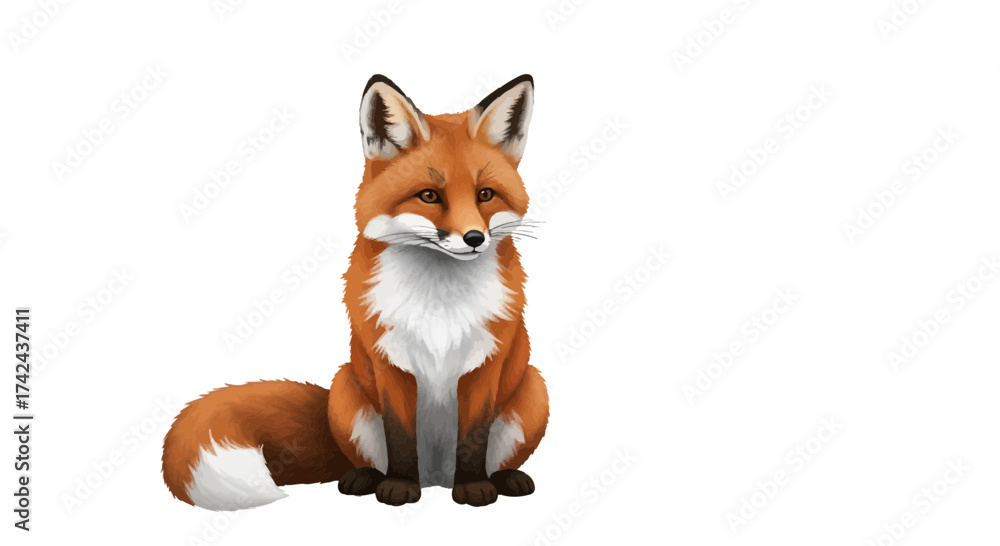 Fototapeta premium Illustrative portrait of a seated red fox with a fluffy tail on a bright white background