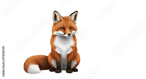 Illustrative portrait of a seated red fox with a fluffy tail on a bright white background