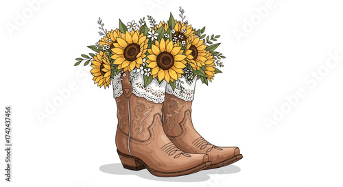 Sunflowers cascading from ornate cowboy boots, evokes a rural charm and rustic elegance