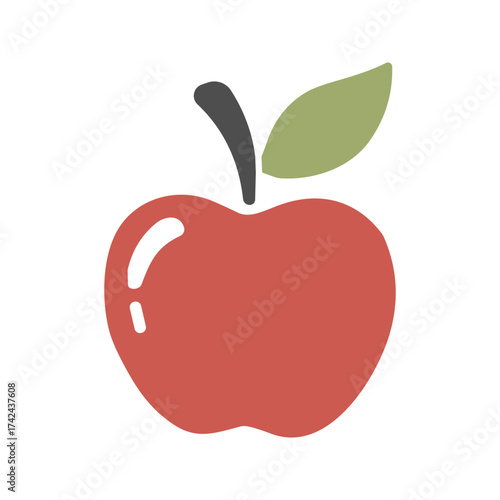 Stylized apple illustration in a flat design features a red body with a gray stem and green leaf, commonly eaten as a fruit.