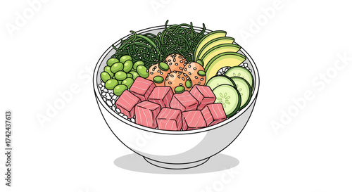 Vibrant poke bowl illustration featuring fresh ingredients in a minimalist style bowl