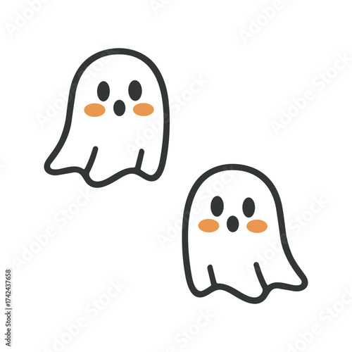 Two cartoon ghosts with rosy cheeks and black eyes hover, suggesting a minimalist and playful Halloween theme, isolated on white.