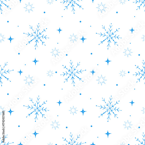 Seamless Christmas pattern with blue snowflakes. Cute new year background. Vector illustration for design wrapping paper, wallpaper, textile