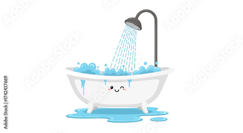  Whimsical bathtub character soaking in bubbles with a playful shower head scene illustration