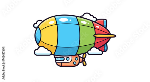 Whimsical cartoon airship soaring through fluffy clouds on white background, a cheerful voyage