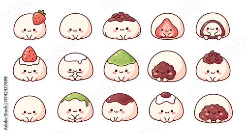 Kawaii mochi assortment featuring various toppings for delightful dessert illustrations