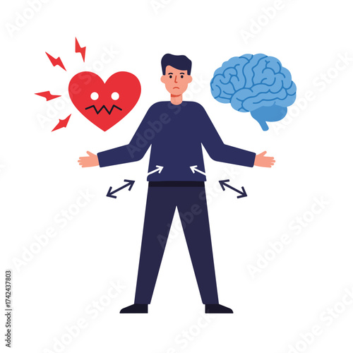 Man distressed by heart and brain issues, with arrows pointing to abdomen
