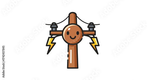 Whimsical power pole with a happy face, radiating electrical energy sparks illustration