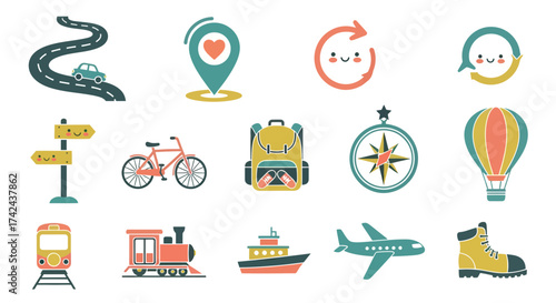 Whimsical Travel Icons Collection: Transportation, Exploration, and Adventure Elements
