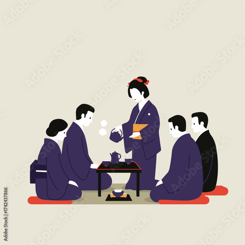 People in traditional attire gather for a formal tea ceremony
