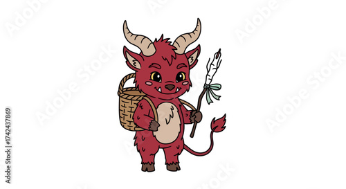 Whimsical Krampus illustration with woven basket and bundle of birch sticks ready to go
