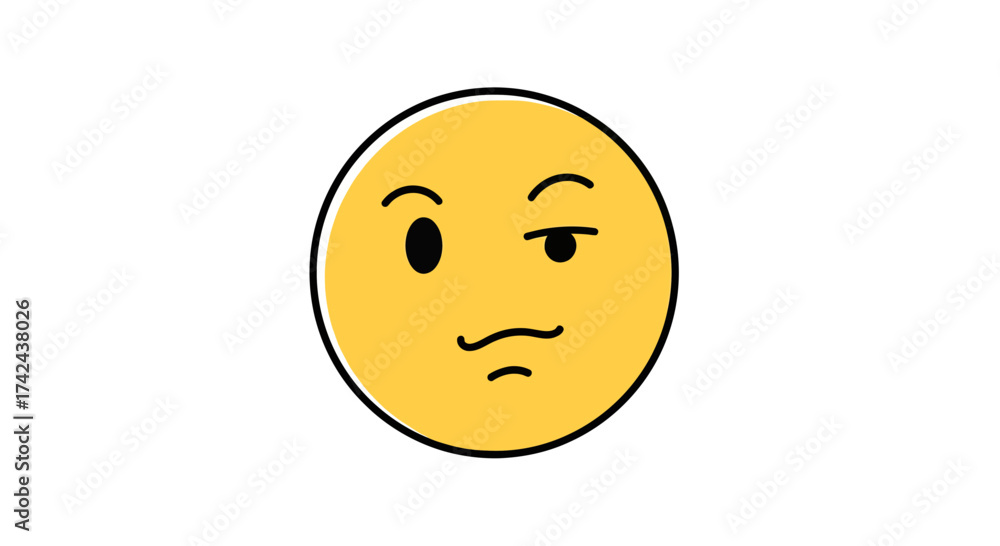 Fototapeta premium Yellow suspicious face emoji with raised eyebrow expression and inquisitive look vector illustration
