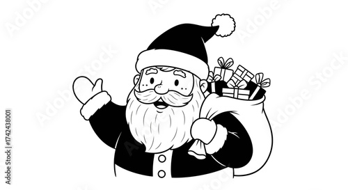 Monochrome Santa Claus Illustration Waving with Gift Sack for Holiday Designs and Prints