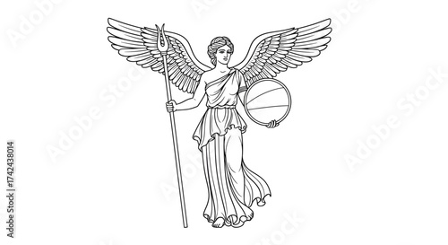 Winged Goddess with Shield and Spear Line Art Depicting Classic Power and Grace